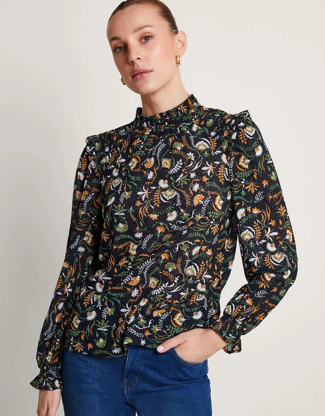 Women Frill Print Top Black Monsoon Tops and Blouses