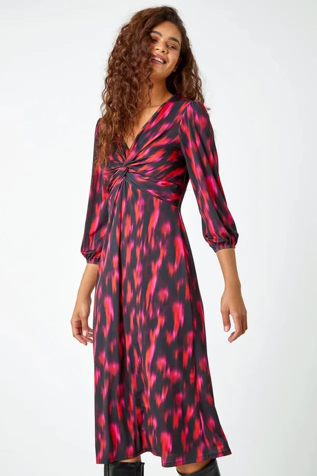 Women Fuchsia Abstract Twist Front Midi Stretch Dress Roman Dresses