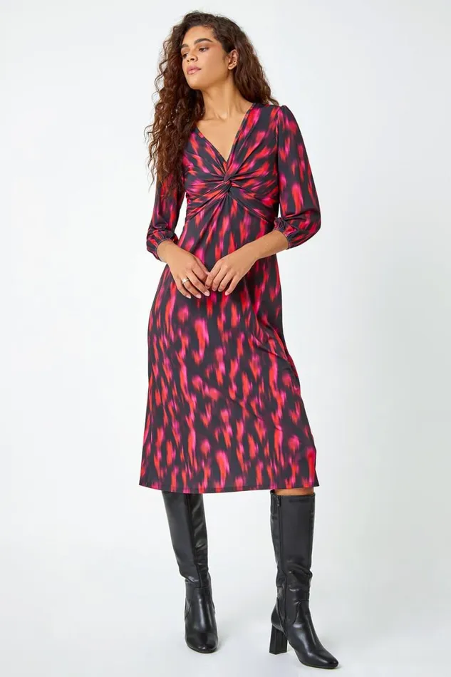 Women Fuchsia Abstract Twist Front Midi Stretch Dress Roman Dresses