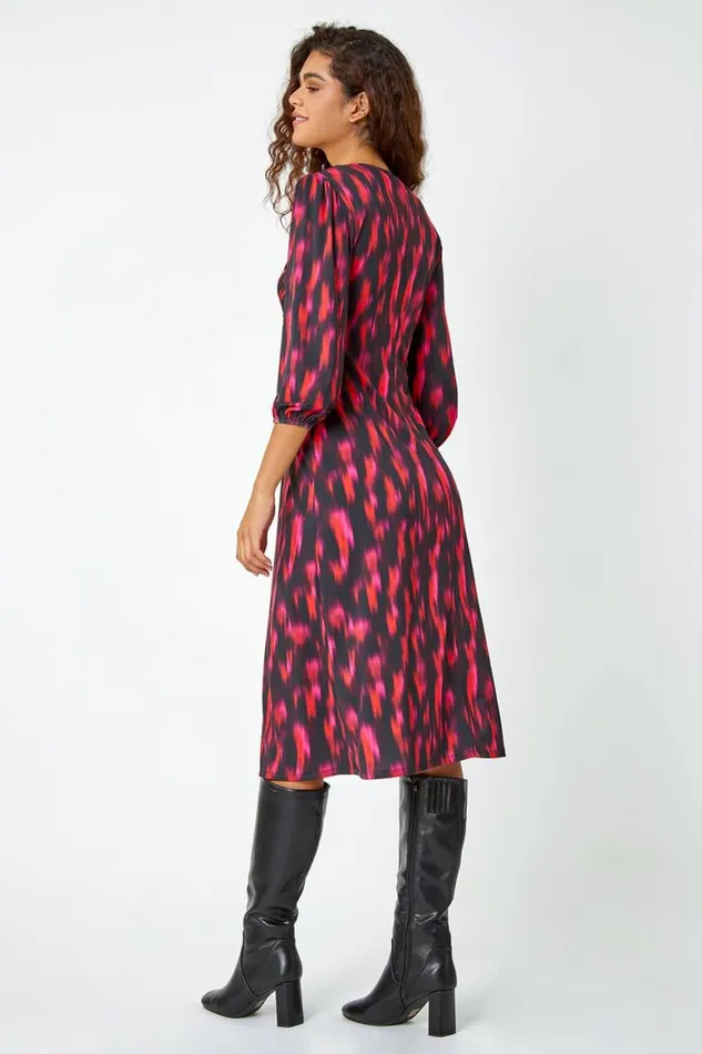 Women Fuchsia Abstract Twist Front Midi Stretch Dress Roman Dresses