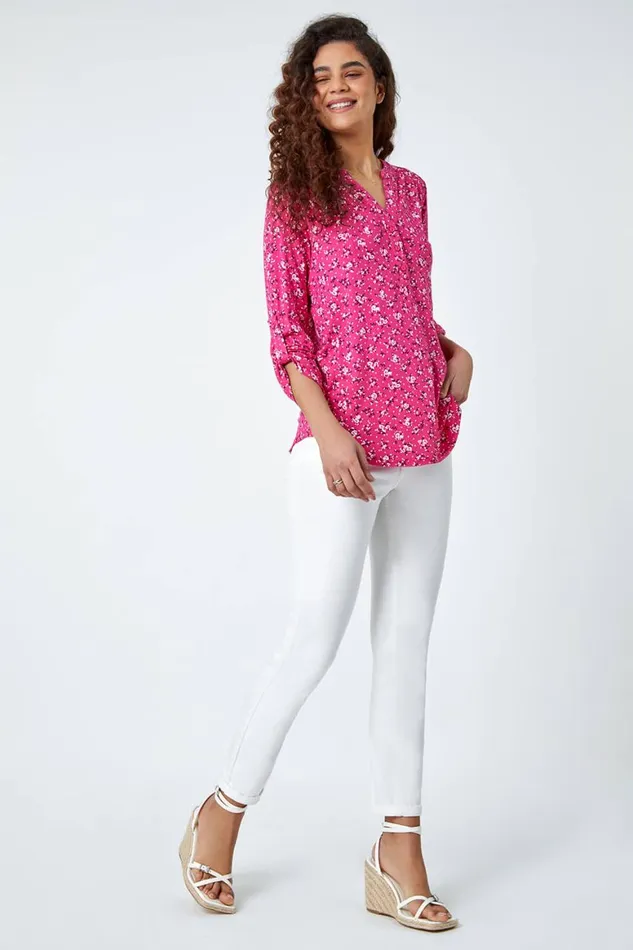 Women Fuchsia Ditsy Floral Notch Neck Stretch Top Roman Tops
