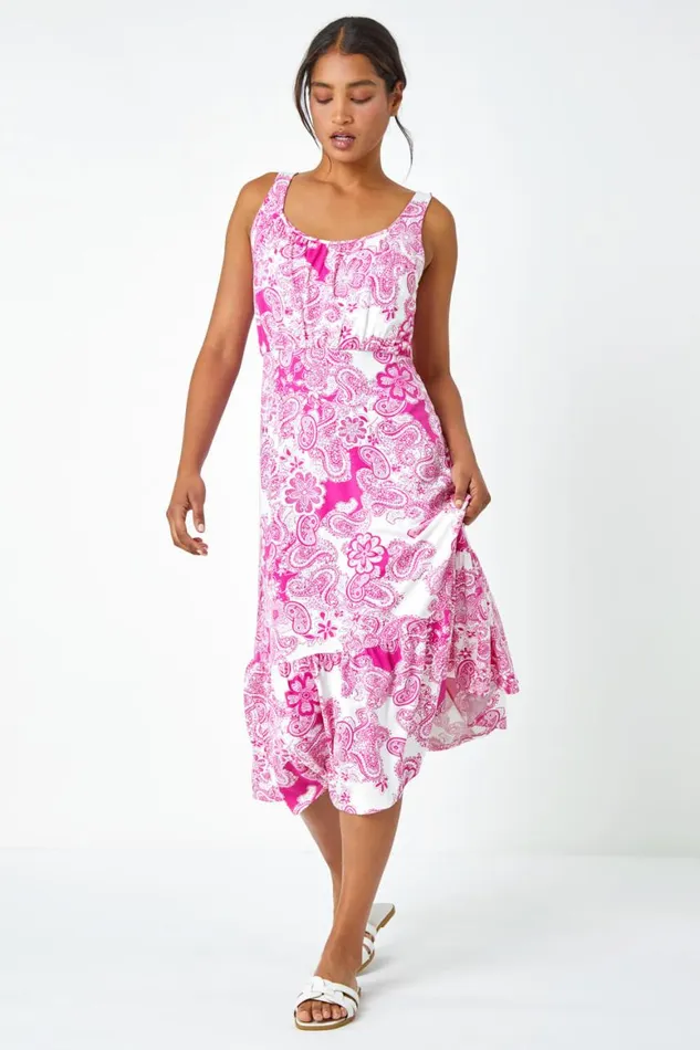 Women Fuchsia Paisley Frill Hem Stretch Midi Dress Roman Dresses