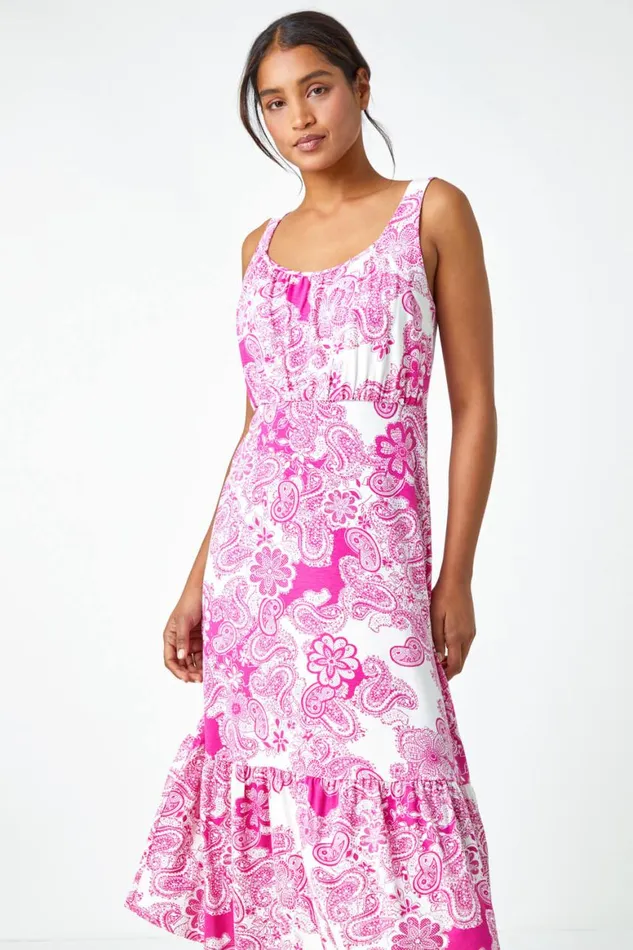 Women Fuchsia Paisley Frill Hem Stretch Midi Dress Roman Dresses