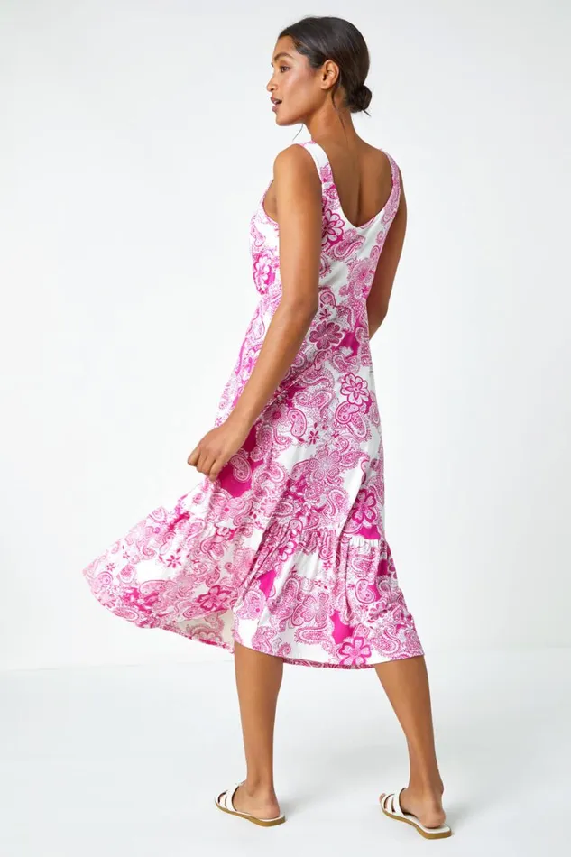 Women Fuchsia Paisley Frill Hem Stretch Midi Dress Roman Dresses