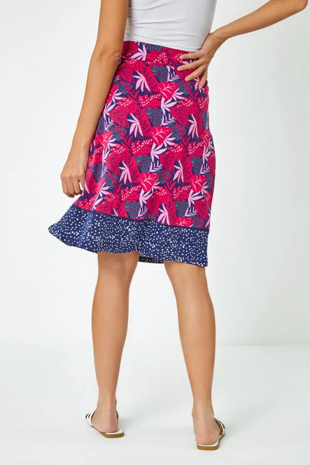 Women Fuchsia Palm Print Stretch A Line Skirt Roman Skirts