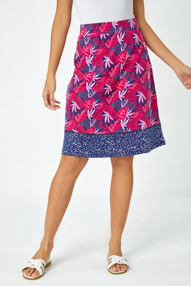 Women Fuchsia Palm Print Stretch A Line Skirt Roman Skirts