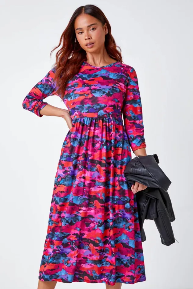 Women Fuchsia Petite Abstract Print Stretch Midi Dress Roman Dresses