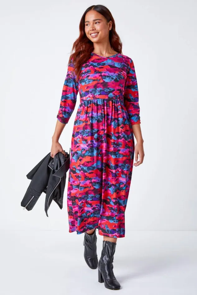 Women Fuchsia Petite Abstract Print Stretch Midi Dress Roman Dresses