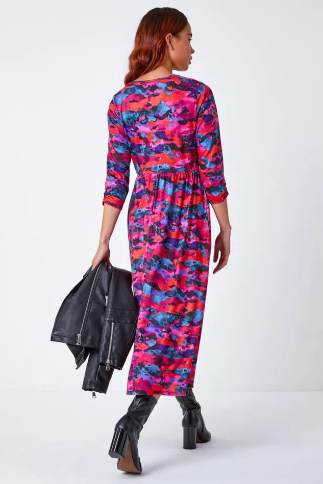 Women Fuchsia Petite Abstract Print Stretch Midi Dress Roman Dresses