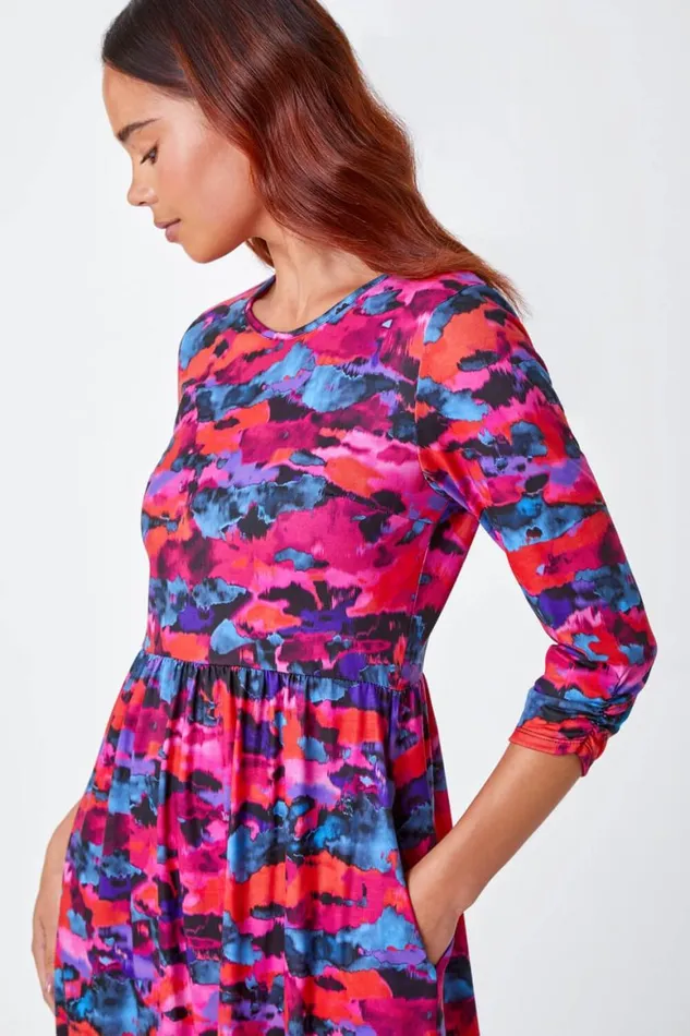 Women Fuchsia Petite Abstract Print Stretch Midi Dress Roman Dresses