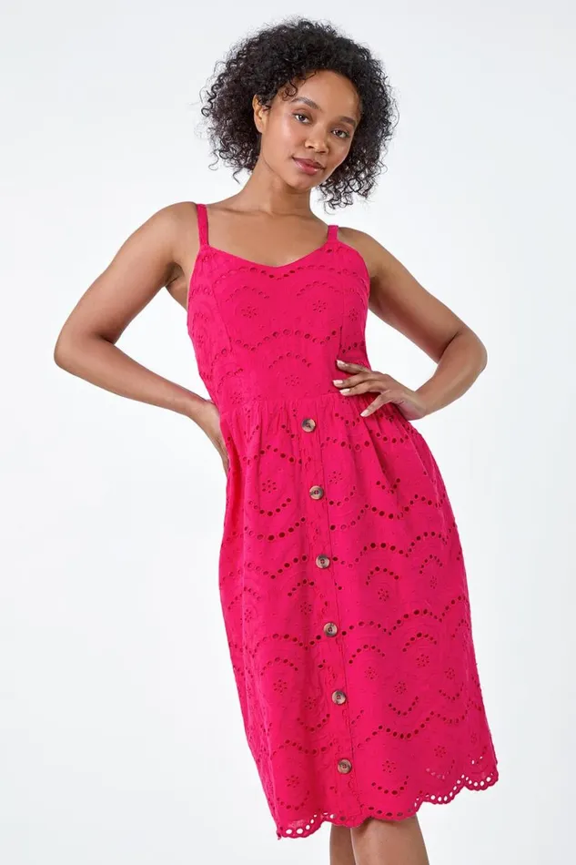 Women Fuchsia Petite Cotton Broderie Button Dress Roman Dresses