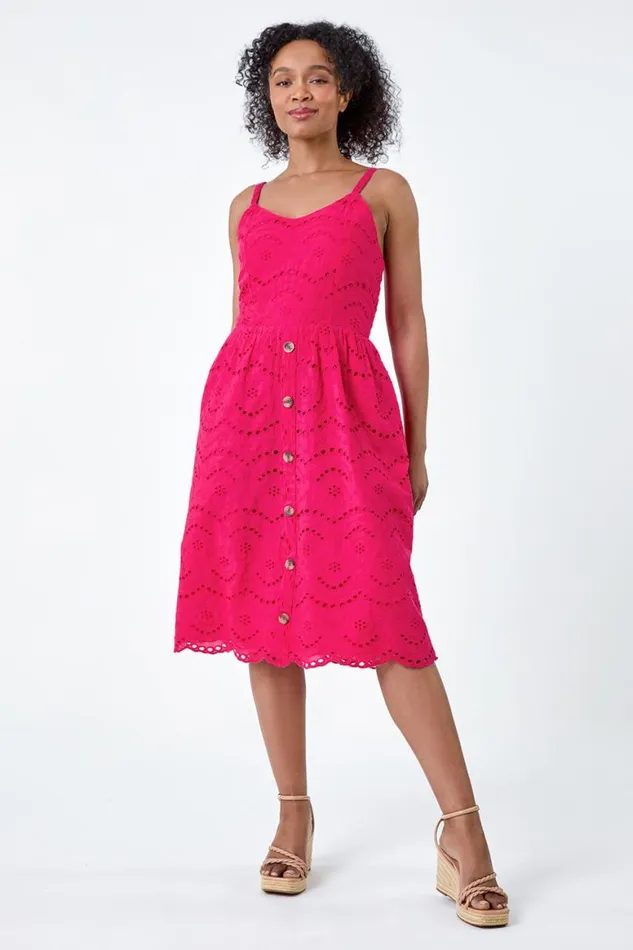 Women Fuchsia Petite Cotton Broderie Button Dress Roman Dresses