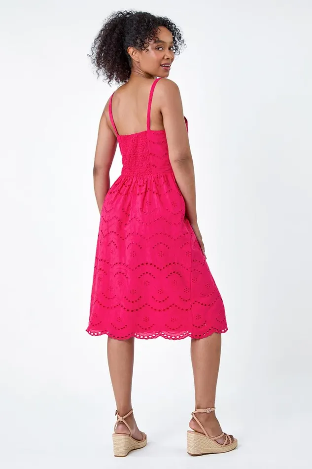 Women Fuchsia Petite Cotton Broderie Button Dress Roman Dresses