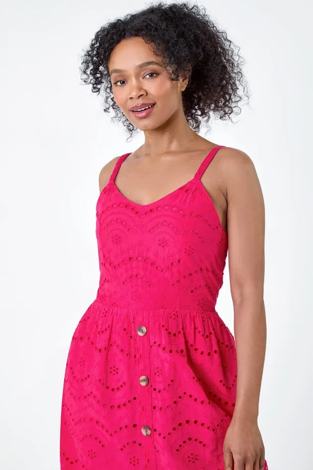 Women Fuchsia Petite Cotton Broderie Button Dress Roman Dresses