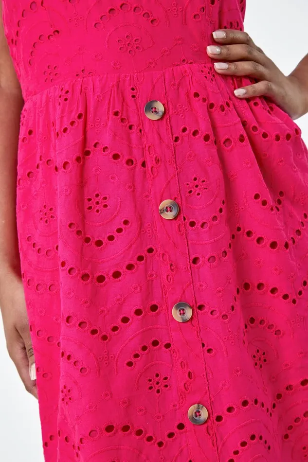 Women Fuchsia Petite Cotton Broderie Button Dress Roman Dresses