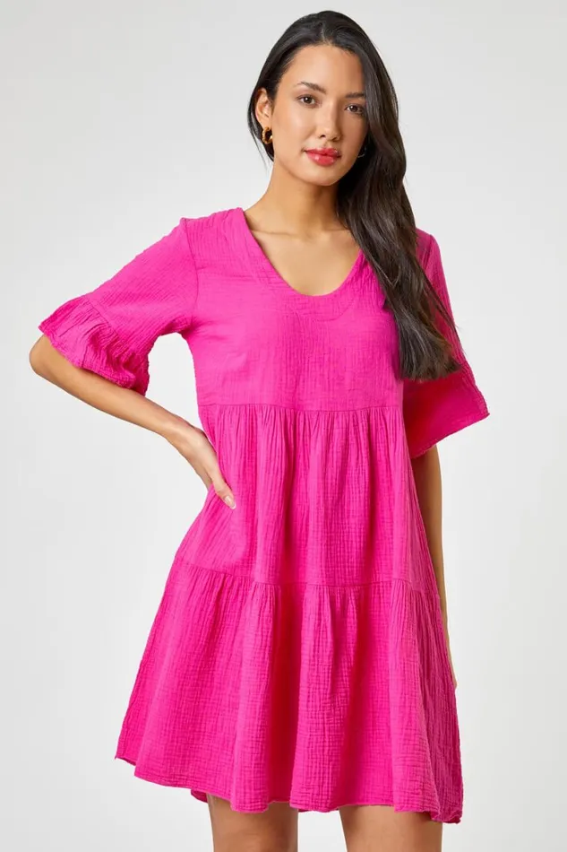 Women Fuchsia Textured Tiered Smock Dress Roman Dresses