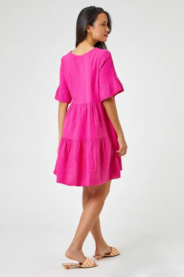 Women Fuchsia Textured Tiered Smock Dress Roman Dresses
