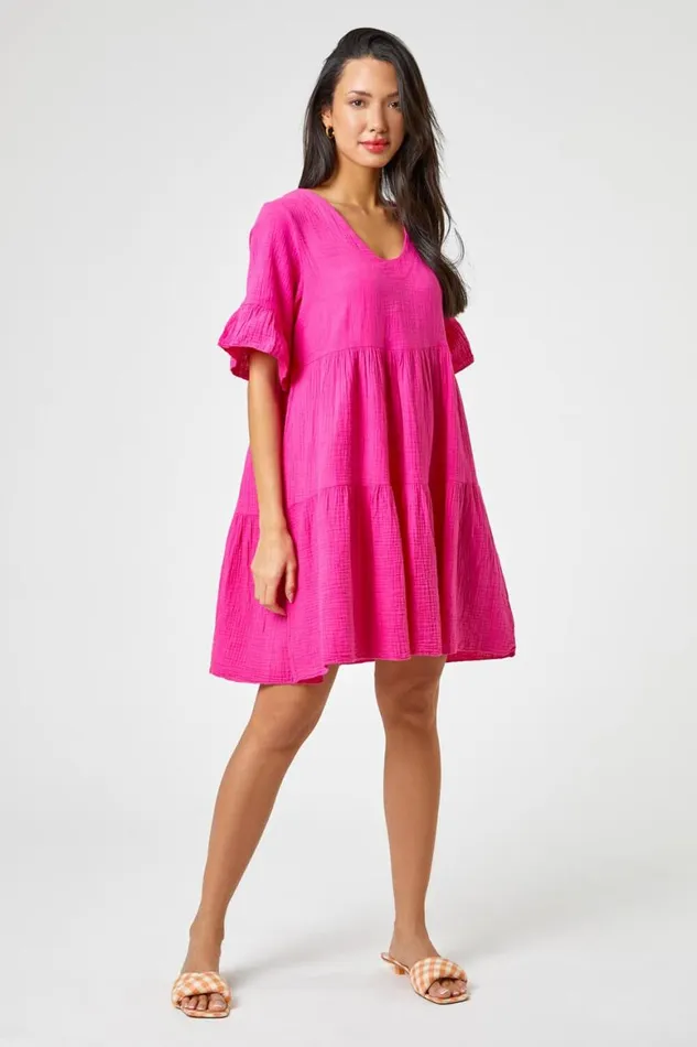 Women Fuchsia Textured Tiered Smock Dress Roman Dresses