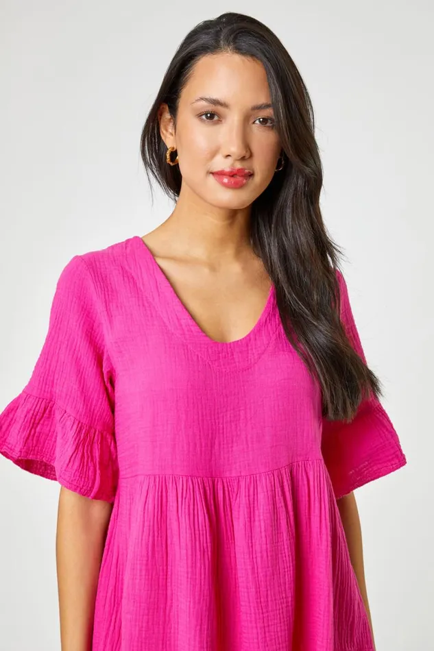 Women Fuchsia Textured Tiered Smock Dress Roman Dresses