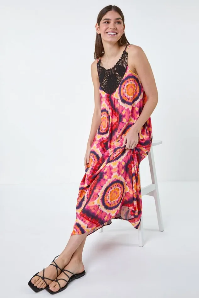 Women Fuchsia Tie Dye Crochet Detail Pocket Midi Dress Roman Dresses