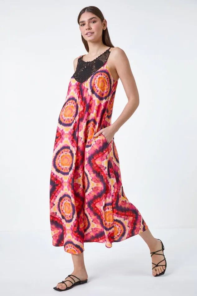 Women Fuchsia Tie Dye Crochet Detail Pocket Midi Dress Roman Dresses
