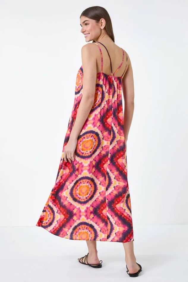 Women Fuchsia Tie Dye Crochet Detail Pocket Midi Dress Roman Dresses
