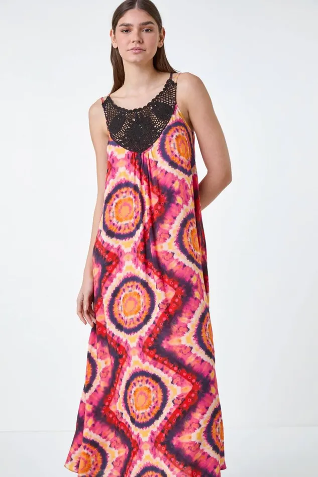 Women Fuchsia Tie Dye Crochet Detail Pocket Midi Dress Roman Dresses