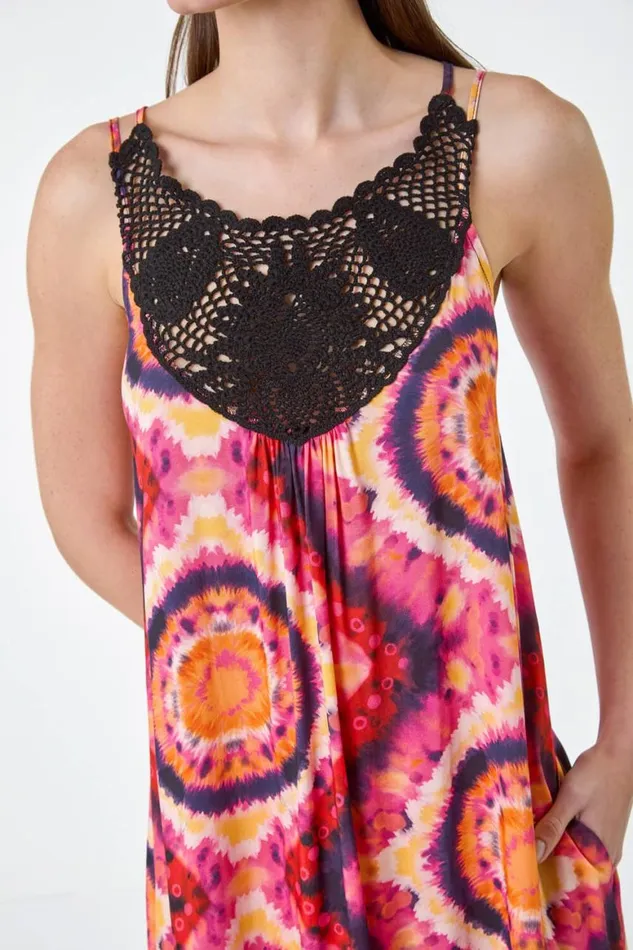 Women Fuchsia Tie Dye Crochet Detail Pocket Midi Dress Roman Dresses