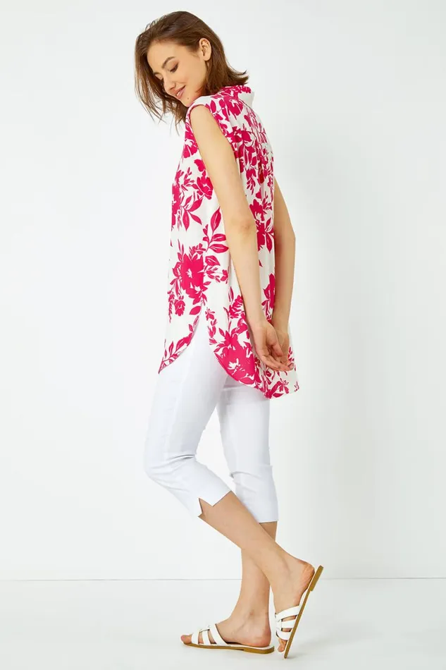 Women Fucshia Floral Print Sleeveless Blouse Roman Tops