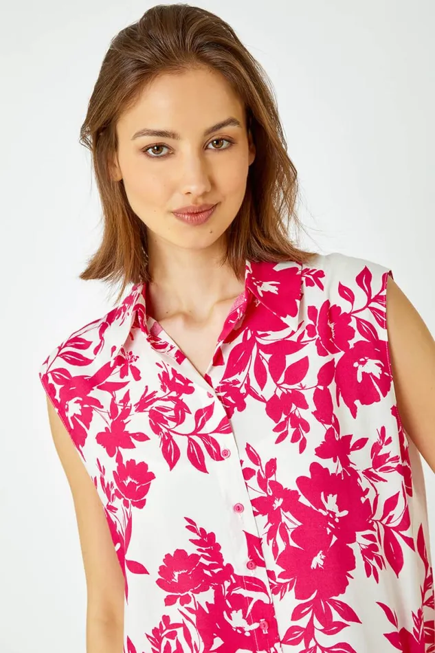 Women Fucshia Floral Print Sleeveless Blouse Roman Tops