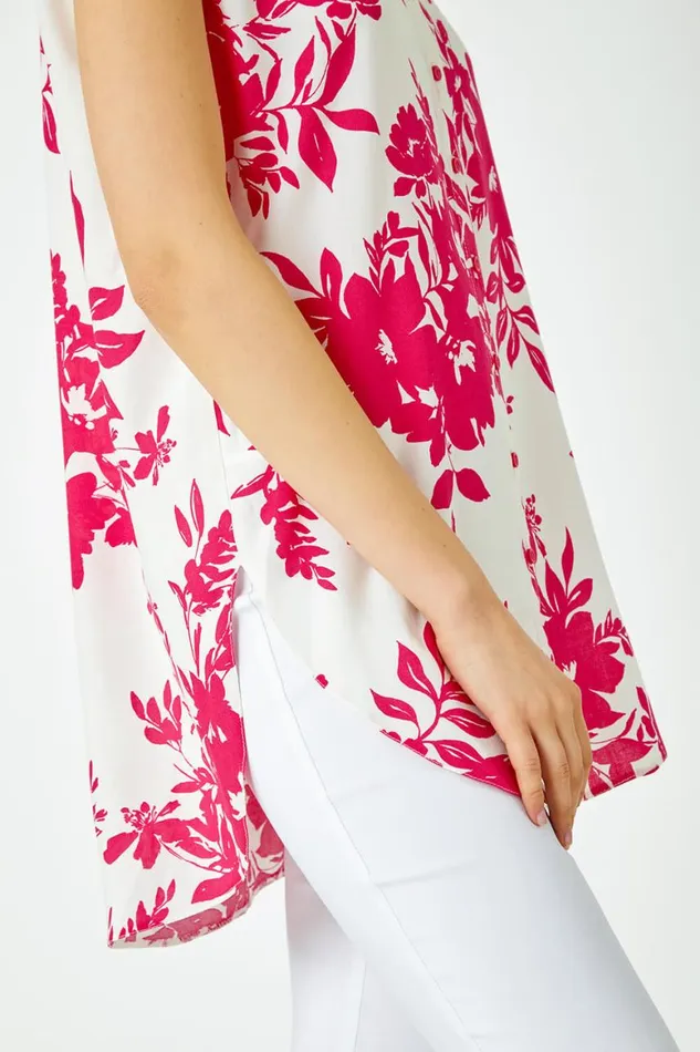 Women Fucshia Floral Print Sleeveless Blouse Roman Tops