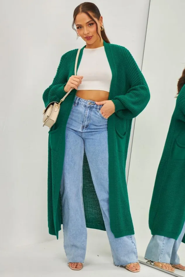 Women Gilet Long Vert En Grosses Mailles Green Brentiny Paris Cardigans