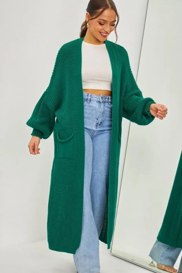 Women Gilet Long Vert En Grosses Mailles Green Brentiny Paris Cardigans