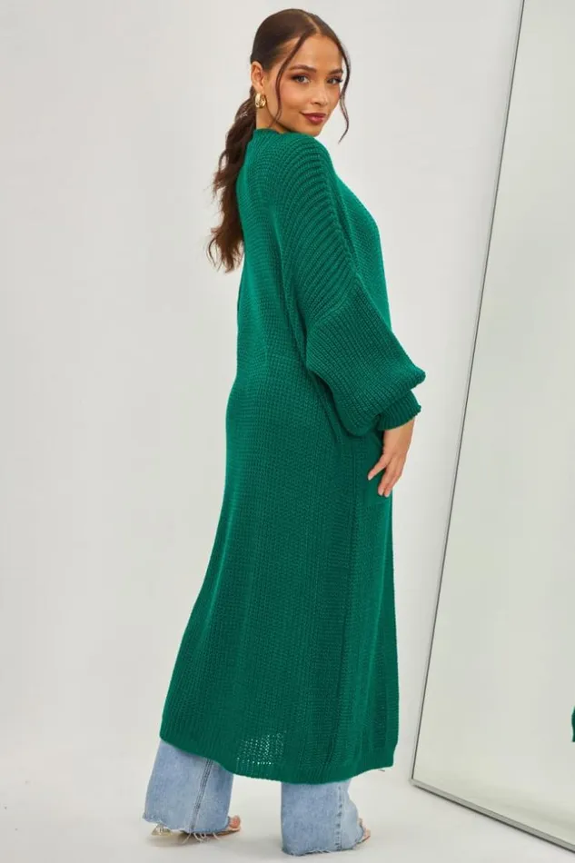 Women Gilet Long Vert En Grosses Mailles Green Brentiny Paris Cardigans