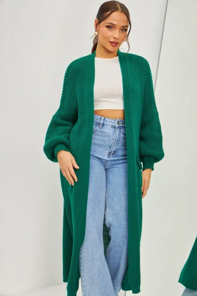 Women Gilet Long Vert En Grosses Mailles Green Brentiny Paris Cardigans