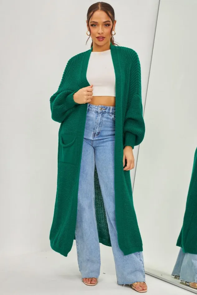 Women Gilet Long Vert En Grosses Mailles Green Brentiny Paris Cardigans