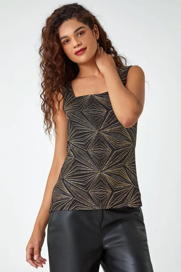 Women Gold Geometric Sparkle Embellished Vest Top Roman Tops