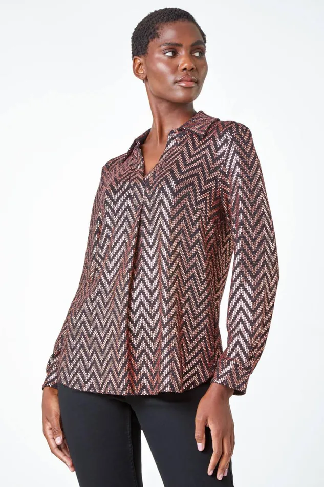Women Gold Zig Zag Sequin Stretch Shirt Roman Tops