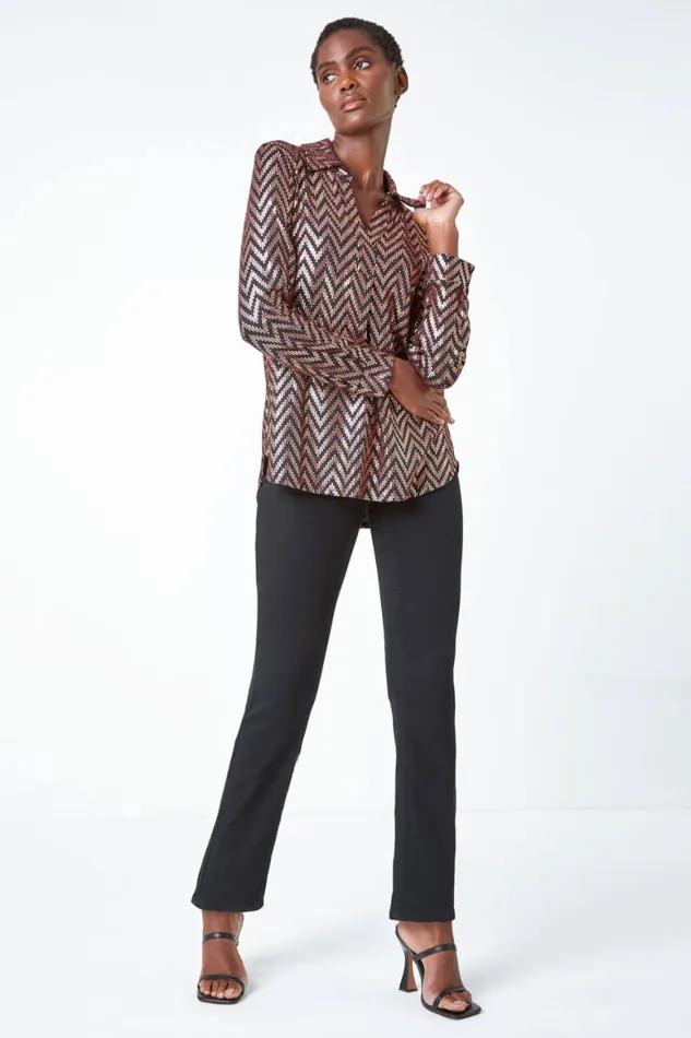 Women Gold Zig Zag Sequin Stretch Shirt Roman Tops