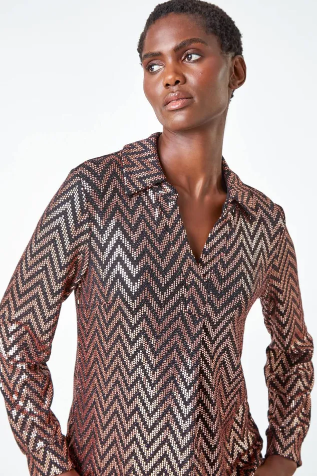 Women Gold Zig Zag Sequin Stretch Shirt Roman Tops