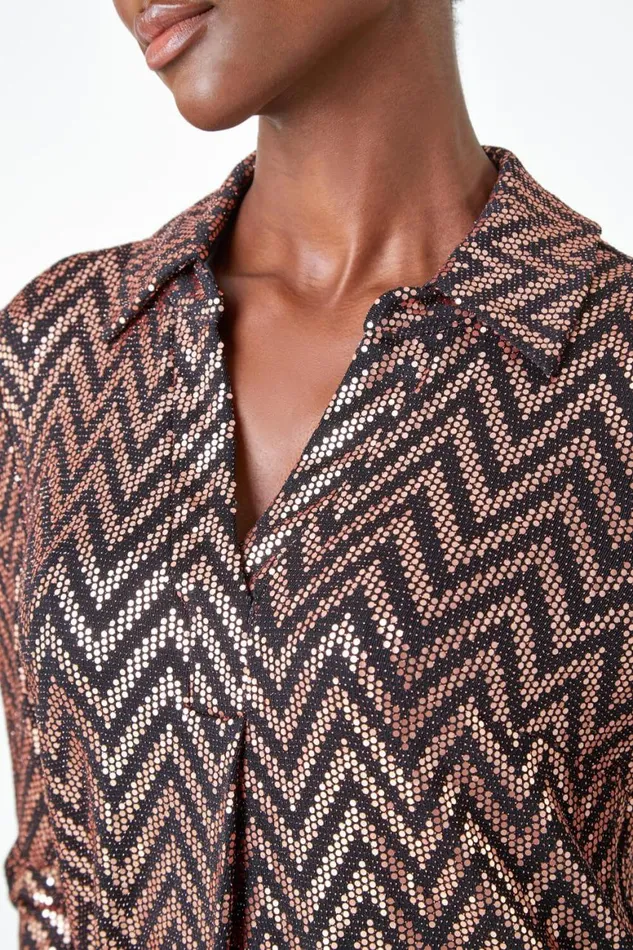 Women Gold Zig Zag Sequin Stretch Shirt Roman Tops