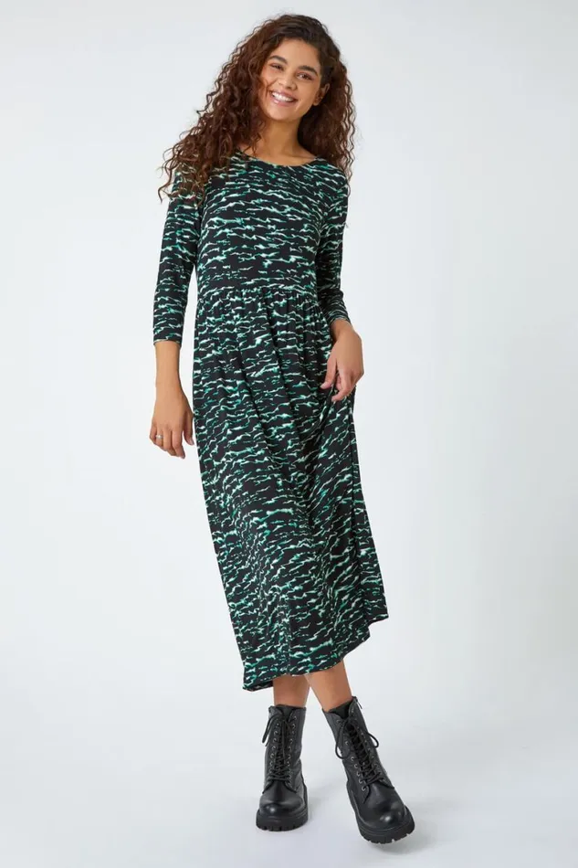 Women Green Abstract Wave Print Stretch Midi Dress Roman Dresses