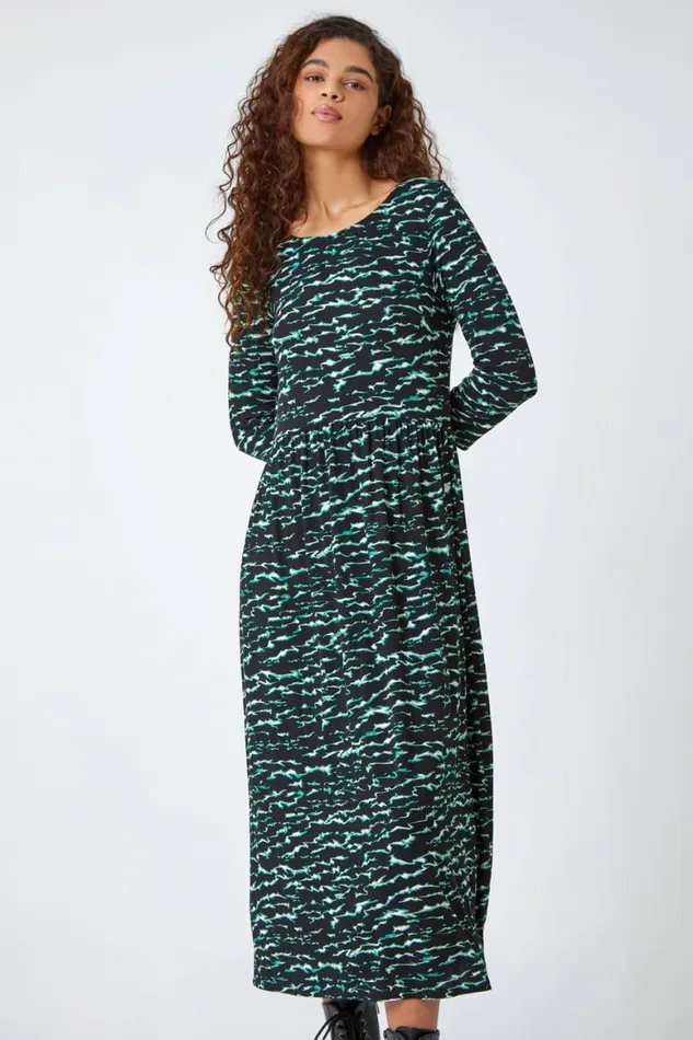 Women Green Abstract Wave Print Stretch Midi Dress Roman Dresses
