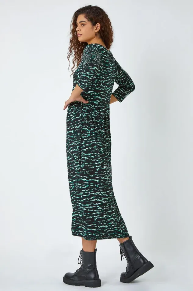 Women Green Abstract Wave Print Stretch Midi Dress Roman Dresses