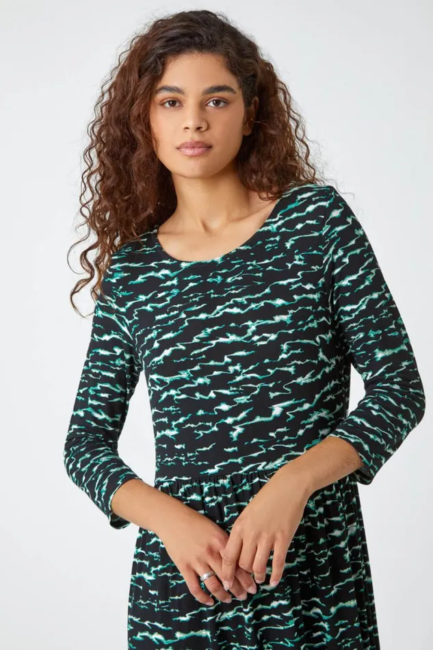 Women Green Abstract Wave Print Stretch Midi Dress Roman Dresses