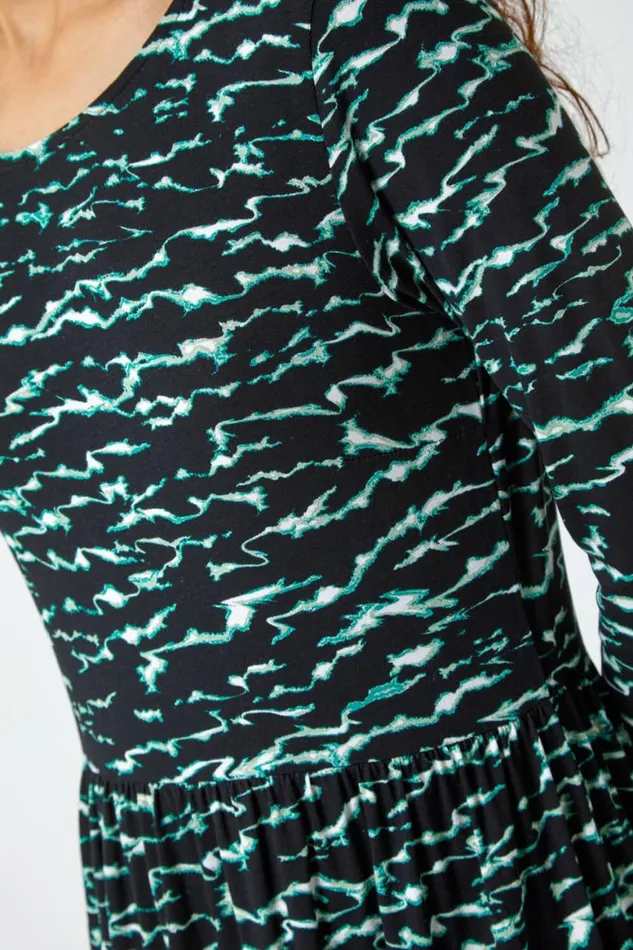 Women Green Abstract Wave Print Stretch Midi Dress Roman Dresses