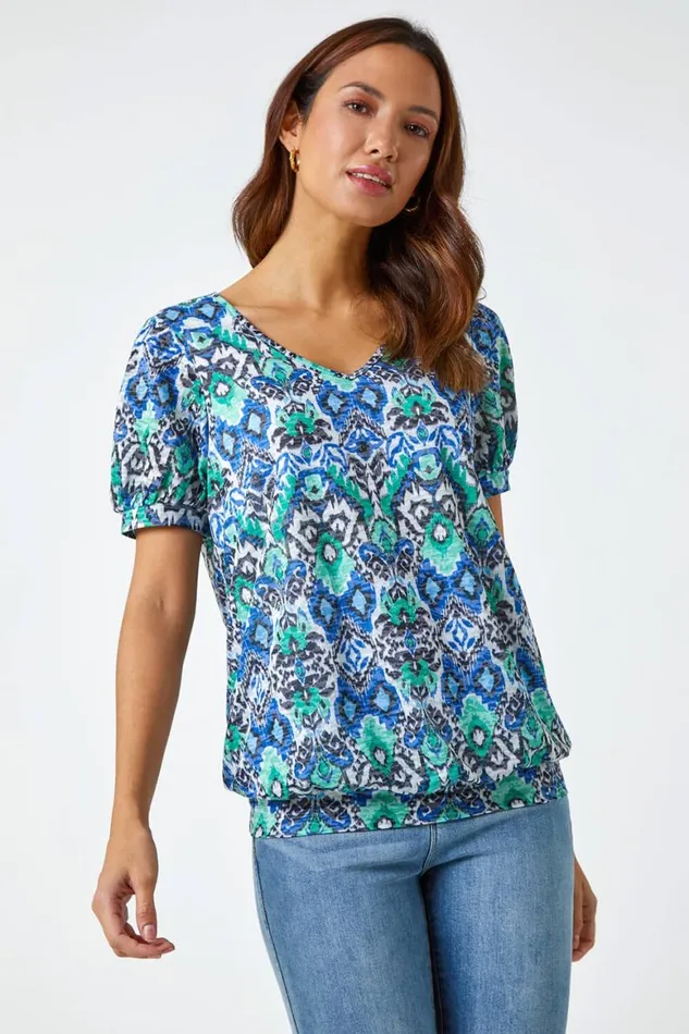 Women Green Aztec Burnout Print VNeck Blouson Hem Top Roman Tops