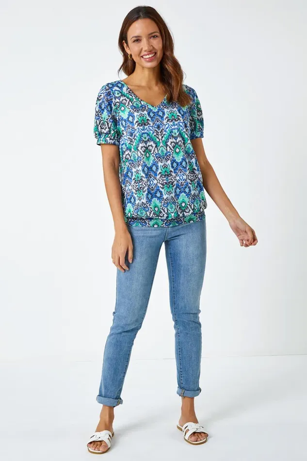 Women Green Aztec Burnout Print VNeck Blouson Hem Top Roman Tops