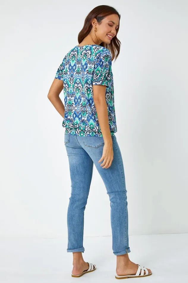 Women Green Aztec Burnout Print VNeck Blouson Hem Top Roman Tops