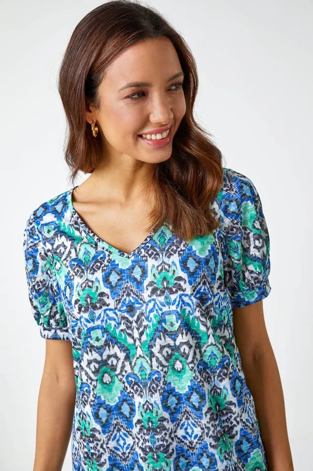 Women Green Aztec Burnout Print VNeck Blouson Hem Top Roman Tops